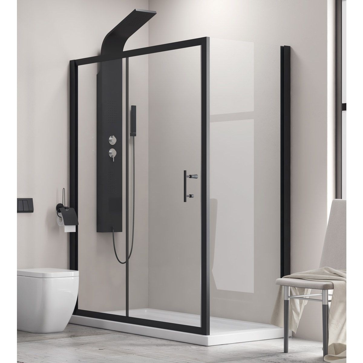 Правоъгълна душ кабина 90x100x190см, профил черен мат, FLORA 500 & S-10 NERO CLEAR NANO, Karag