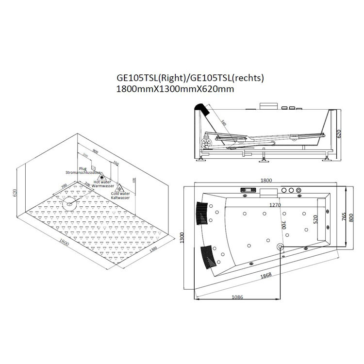 Хидромасажна вана с каскада и светещи джетове AWT GE105TSL R 180x130 см