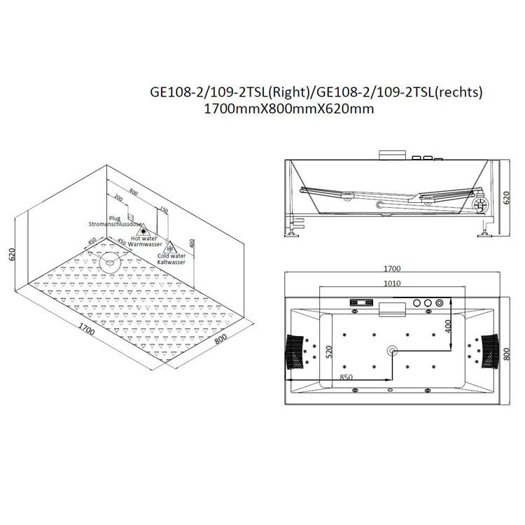 Хидромасажна вана с каскада и светещи джетове AWT GE108-2TSL 170x80 см (за вграждане)