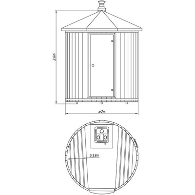 Градинскa сауна за двама SHE/SHT – 2м диаметър, Електрическа печка Harvia Vega 6,0 kW, Термодърво
