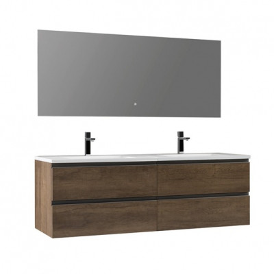 Мебел за баня 160x52 см, тъмен дъб MDF, с LED огледало StoneArt Design Mont...